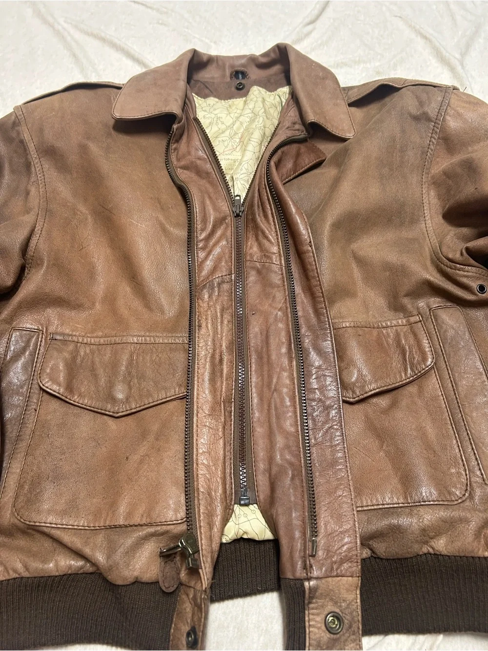 Vintage Leather Bomber Jacket Double Zip New Zealand Opossum Lined Aviator